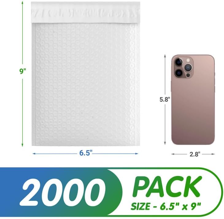 White Poly Bubble Mailers 6.5 x 9 Inch. Pack of 2000 Padded Envelopes Waterproof. Self Seal Padded Mailers with Durable Seams. Lightweight Padded Shipping Envelopes for Mailing Fragile Things
