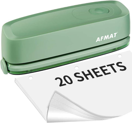 AFMAT 3 Hole Punch, Electric Three Hole Punch Heavy Duty, 20-Sheet Punch Capacity, AC or Battery Operated, Effortless Punching, Long Lasting Paper Punch for Office School Studio, Green, Model: HP10