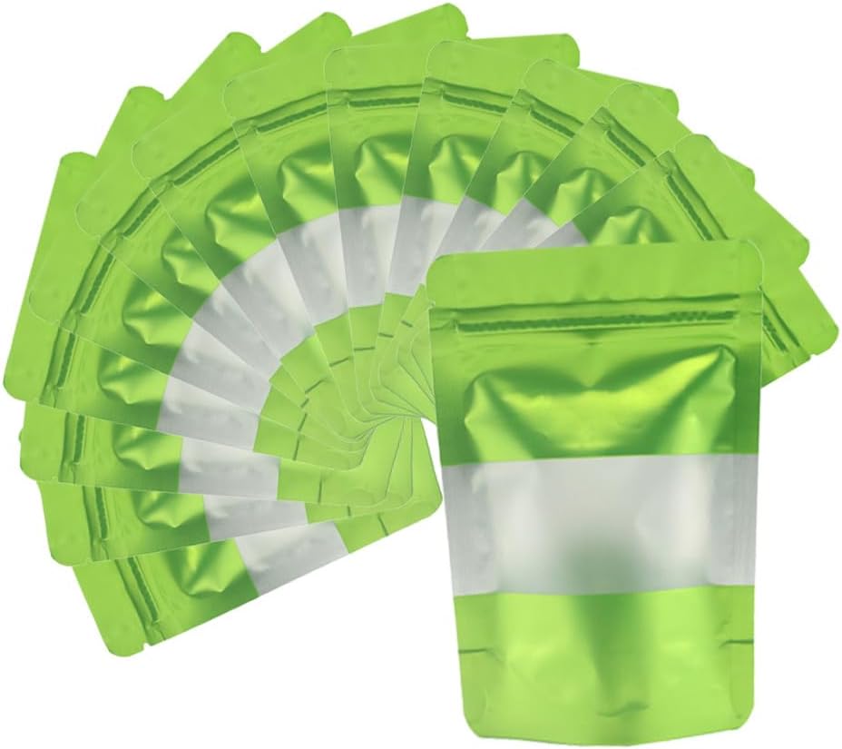4CP 100 Pcs Green Zipper Smell Proof Bags with Window, 5.5x7.9 Inch Stand Up Foil Pouches for Food Selfsealing Storage, Reusable Bag for Packaging Small Business, Cookies, Nunt, Candy