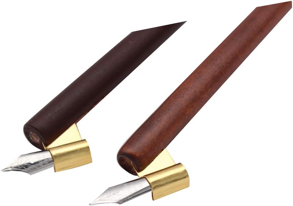 Professional Manga Gothic Pen Dip Pen Calligraphy Drawing Pen Kit, 2 Pen Holders Handles, 7 Nibs (2 Fountain Pen Nib, 5 Flat Nib) - Brown Wood and Redwood