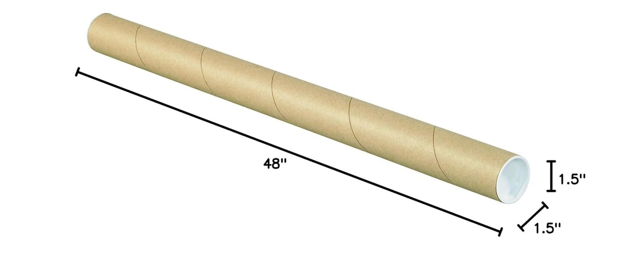 BOX USA BP1548K Mailing Tubes with Caps, 1 1/2" x 48", Kraft (Pack of 50)