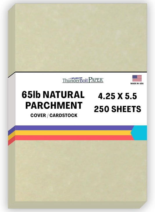 250 Natural Parchment 65lb Cover Paper Sheets 4.25" X 5.5" (4.25X5.5 Inches) Quarter Letter Size Cardstock Weight - Printable Old Parchment Semblance