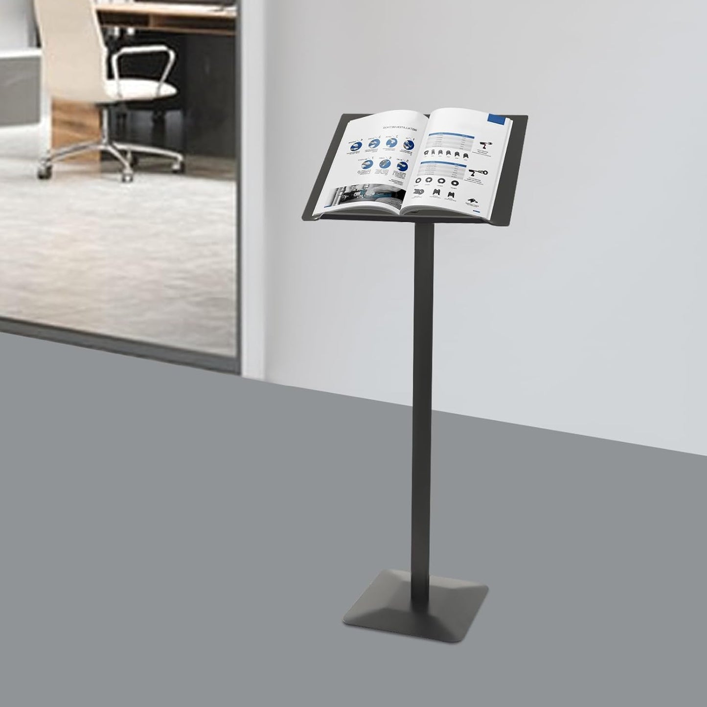Podium Stand Acrylic Church Lectern Presentation Stand Floor Standing Conference Speech Speak Pulpit for School Office, 46.5in Height, Iron Base and 30-90° Panel (Black)