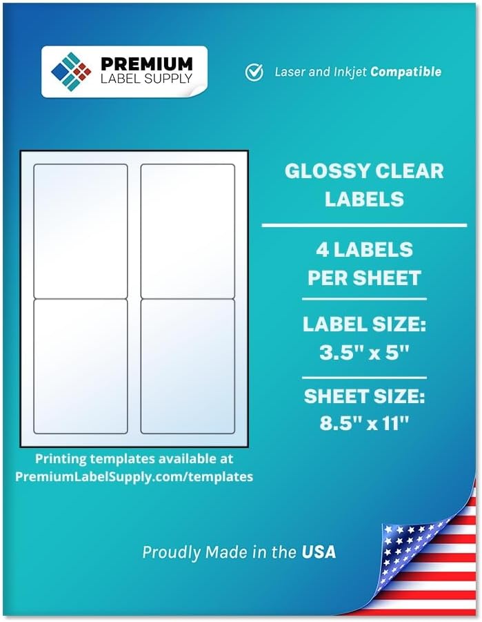 Premium Label Supply Glossy Clear Labels – 3.5" x 5" – Laser/Inkjet Compatible – (4 per Sheet), 1000 Sheets – 4,000 Total Adhesive Labels