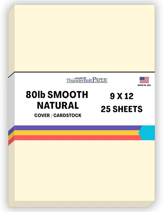25 Natural Smooth Card Stock Sheets Paper - 9 X 12 Inches Frame and Sketch Pad Size - 80# (80 lb/pound) Cover Weight - Quality Paper - Smooth Finish
