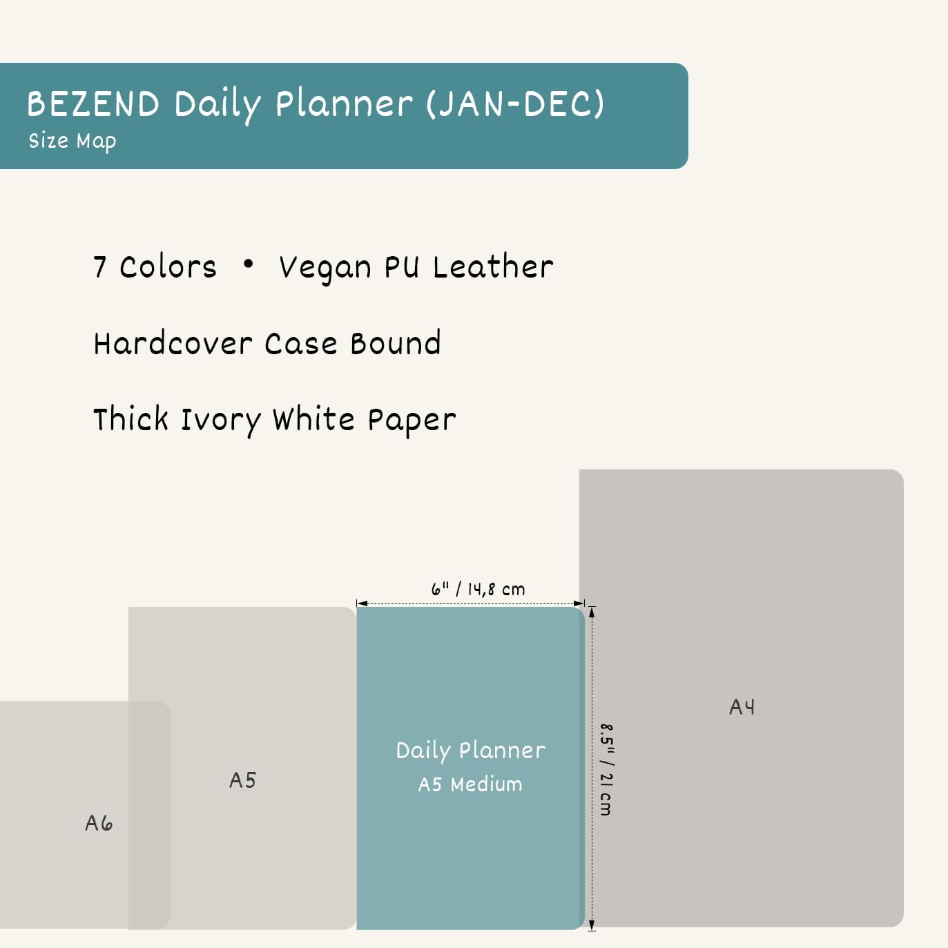 BEZEND Daily Planner 2026 (6" x 8.5") Full Page per Day Even Weekend (Jan-Dec) Monthly Calendar with Tabs, 2 Columns for Dual Schedule with Note, Vegan Leather Hardcover in Prussian Blue