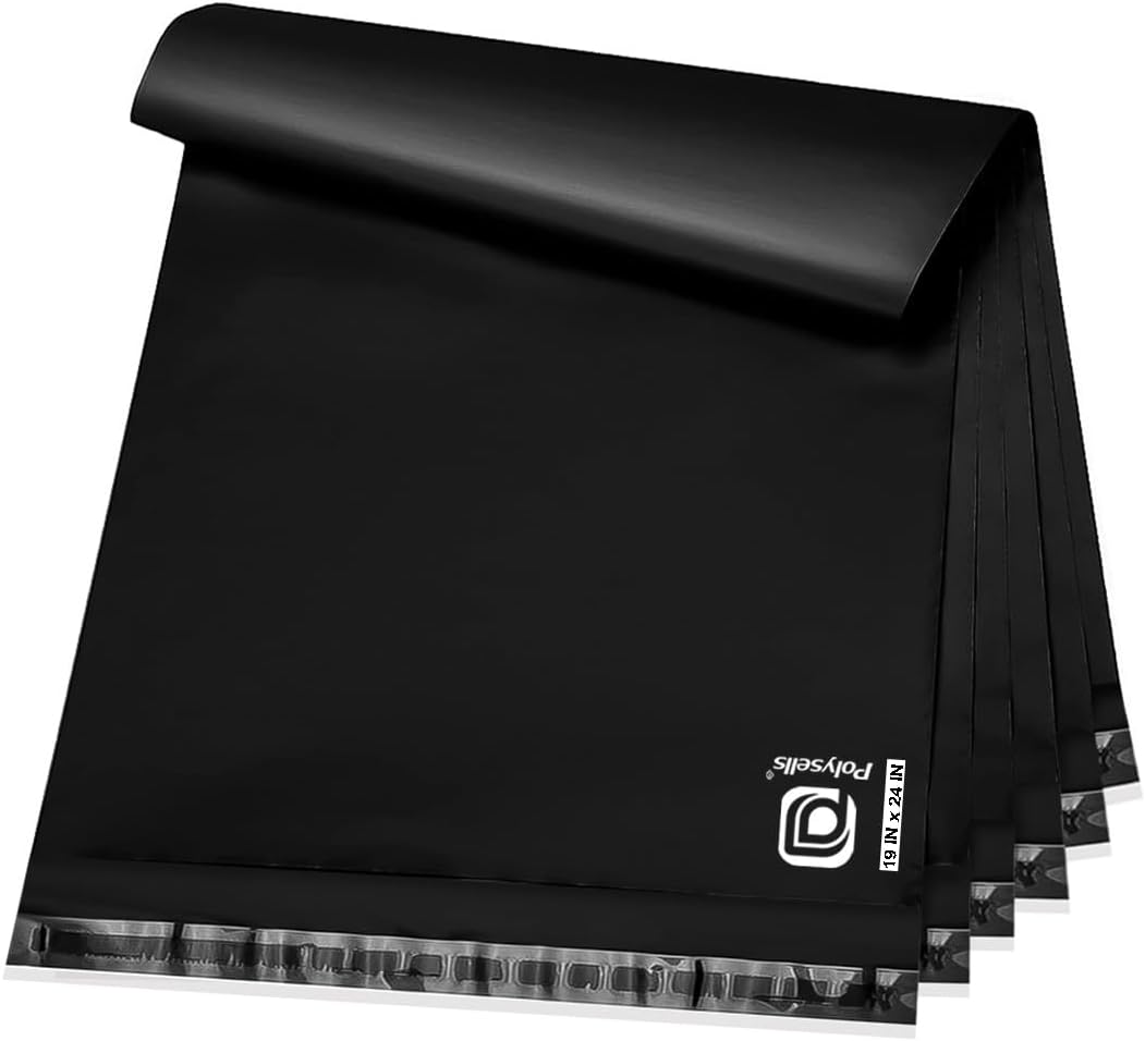 POLYSELLS 100 pcs 19x24 Inches Black Poly Mailers Shipping Envelopes, Strong Adhesive Sealing, Waterproof, and Tear-resistant Postal Mailing Bags for Clothing, Books, and Accessories