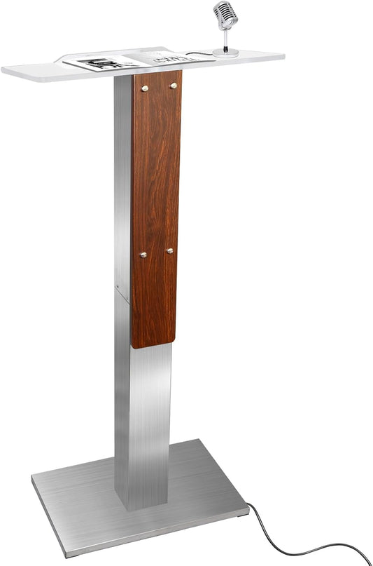 Stainless Steel Podium Stand with Acrylic Reading Surface & Hidden Cable Entry, Professional Modern Podium Stand with Wood Decoration for Church, Podium Stand for Church, Conference, Speech, Wedding