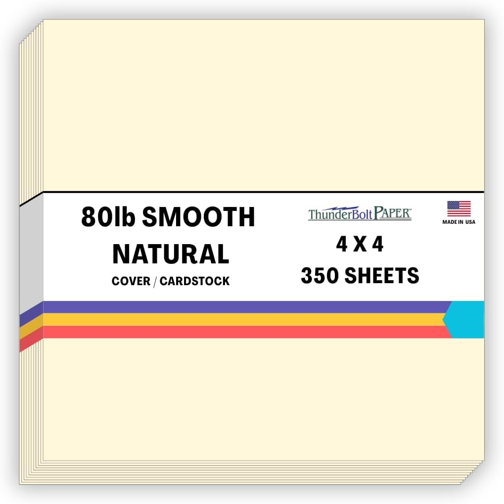 350 Natural Smooth Card Stock Sheets Paper - 4 X 4 Inches Small Square Card Size - 80# (80 lb/pound) Cover Weight - Quality Paper - Smooth Finish