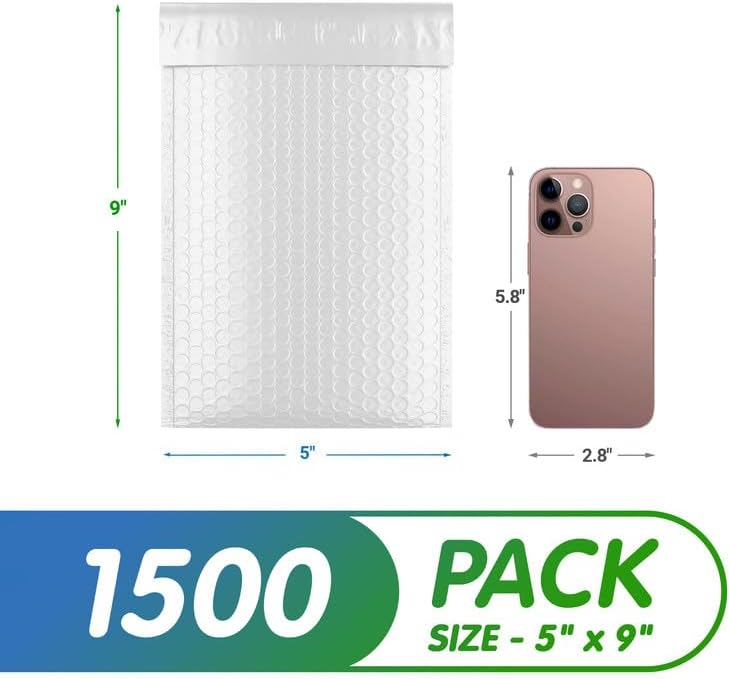 White Poly Bubble Mailers 5 x 9 Inch. Pack of 1500 Padded Envelopes Waterproof. Self Seal Padded Mailers with Durable Seams. Lightweight Padded Shipping Envelopes for Mailing Fragile Things