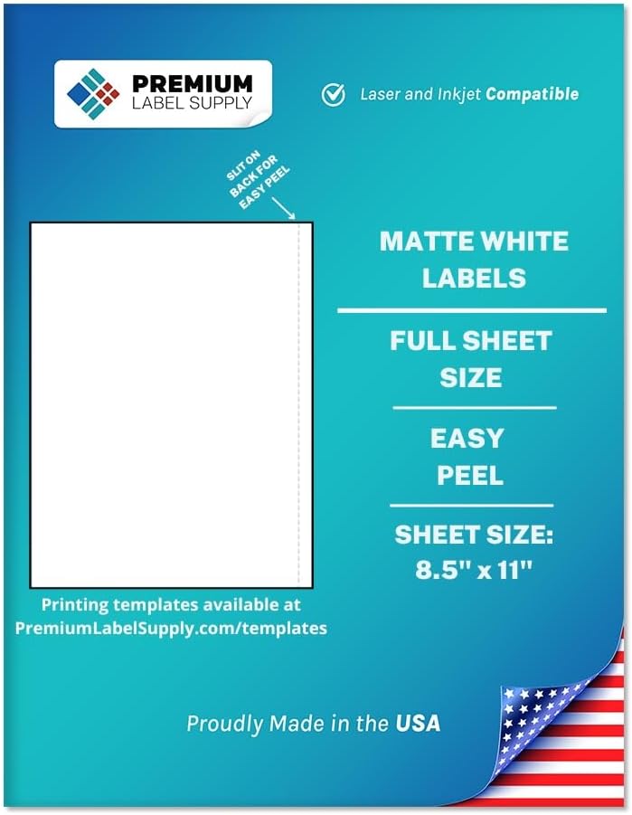 Premium Label Supply White Sticker Full Sheet Shipping Labels – 8.5" x 11" – Laser/Inkjet Compatible – (1 per Sheet), 500 Sheets - Letter Size