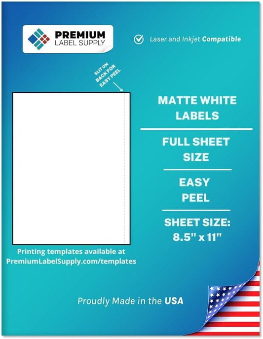 Premium Label Supply White Sticker Full Sheet Shipping Labels – 8.5" x 11" – Laser/Inkjet Compatible – (1 per Sheet), 1000 Sheets - Letter Size