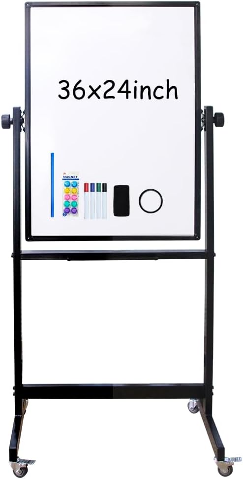 XIWODE Double-Sided Magnetic Dry Erase Board，36 X 24 Inch Mobile Whiteboard on Wheels with Rolling Stand, Black Aluminum Frame