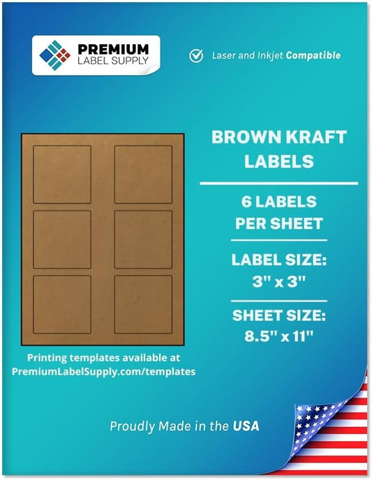Premium Label Supply Brown Kraft Sticker Square Labels – 3" x 3" – Laser/Inkjet Compatible – (6 per Sheet), 100 Sheets – 600 Total Adhesive Labels