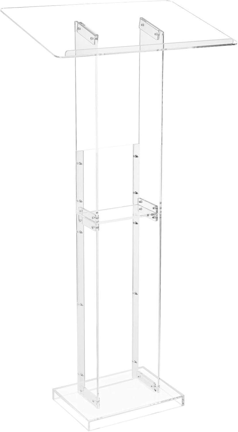 VEVOR Podium Stand, 50-Inch Acrylic Lectern, Portable Laptop Desk with Wide Reading Surface and Storage Shelf, Book Stopper, Floor-Standing, for Classroom, Wedding, Conference, Lecture and Concert