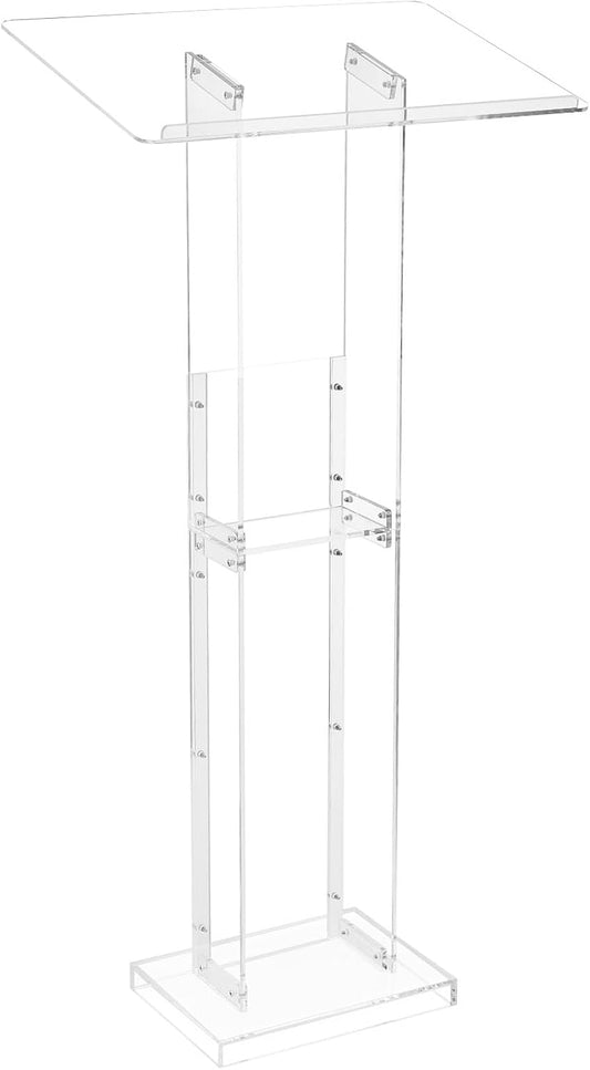 VEVOR Podium Stand, 50-Inch Acrylic Lectern, Portable Laptop Desk with Wide Reading Surface and Storage Shelf, Book Stopper, Floor-Standing, for Classroom, Wedding, Conference, Lecture and Concert