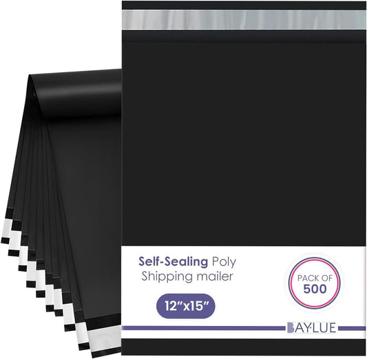Black Large Poly Mailers 12x15.5 Inch | Strong Adhesive Self-Seal Mailer Bag | Tear, Tamper, Water Resistant Shipping Envelopes | Thick Strong polymailer Bags | Clothing Shipping Bags | 500 Pcs Bulk