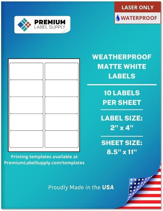 Premium Label Supply Waterproof White Address Sticker Labels – 2" x 4" – Laser Printers Only – (10 per Sheet), 1000 Sheets - 10,000 Total Adhesive Labels
