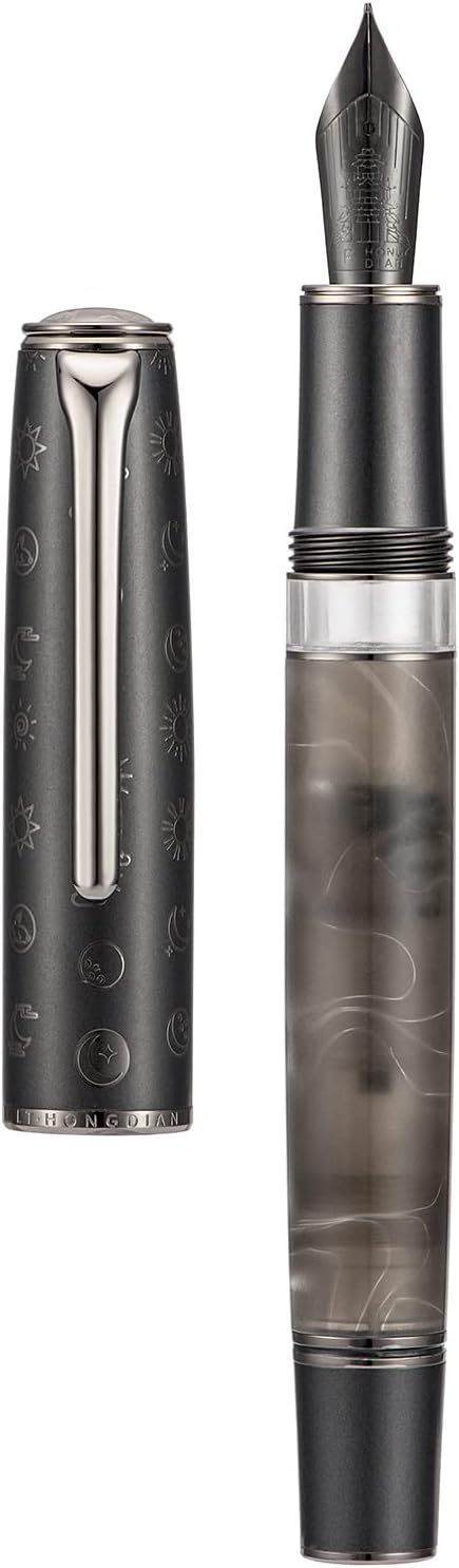 Hongdian N7 Gray Rabbit Resin Piston Fountain Pen, Iridium Long Blade Fine Nib Classic Pen, Smooth Writing Pen with Metal Box