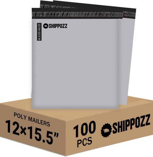 12 x 15.5 100pcs Shippozz Poly Mailers – Durable Shipping Envelopes with Strong Adhesive Seal, Waterproof and Tear-Resistant Design – Ideal for Clothing, Books, and Accessories