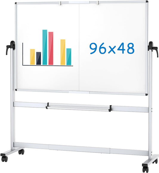 VIZ-PRO Double-Sided Mobile Whiteboard, 96 x 48 Inches, Magnetic Rolling Dry Erase White Board on Wheels with Aluminium Frame and Stand 8' x 4'