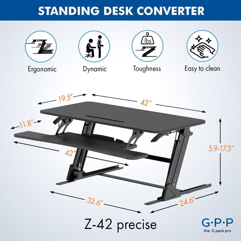 Standing Desk Converter – 42" Wide Stand Up Desk Riser – Quick Sit to Stand Tabletop Dual Monitor Workstation – Height Adjustable Up to 17.3" – Black