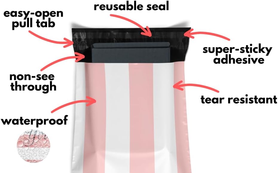 Poly Mailers 12.5x15 50 Pack | Self-Sealing Shipping Bags Envelopes for Small Business | Waterproof Durable Packaging | Thank You | Pink Stripes | à la mode Mailers