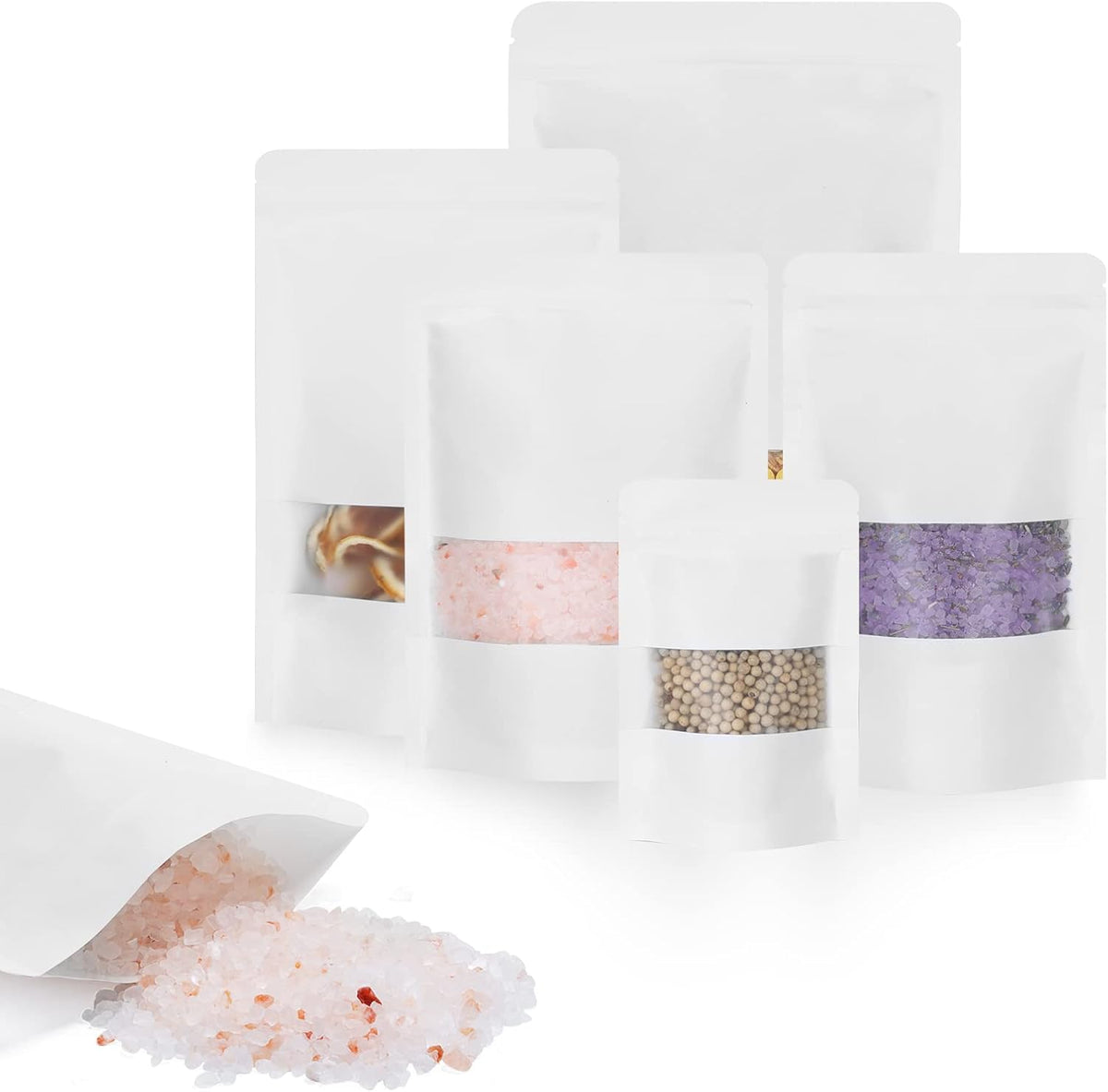 100pcs Kraft Bags with Window 7.1x10 Inches White Reusable Sealable Ziplock Food Storage Stand up Paper Pouches for Home or Business