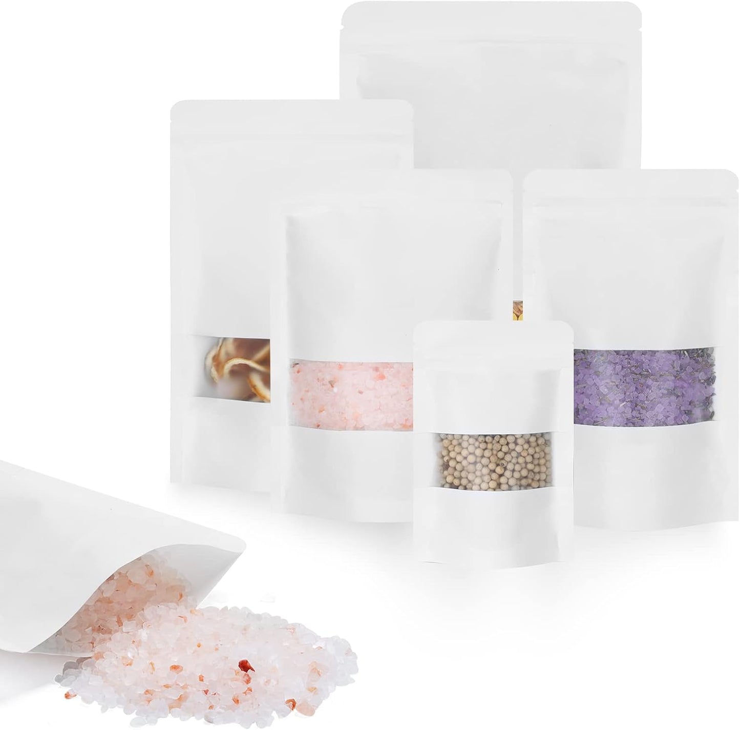 100pcs Kraft Bags with Window 3.5x5.5 Inches White Reusable Sealable Zip Lock Food Storage Stand up Paper Pouches for Home or Business