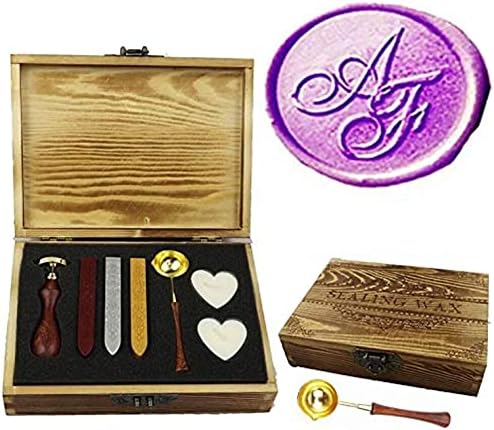 Vintage Customize Personalized Custom Wedding Monogram Initials Wax Seal Stamp Kit Wooden Handle Spoon Stick Wood Gift Box Set Wedding Invitation Gift Wrap Custom Words Sealing Wax Seal Stamp Set