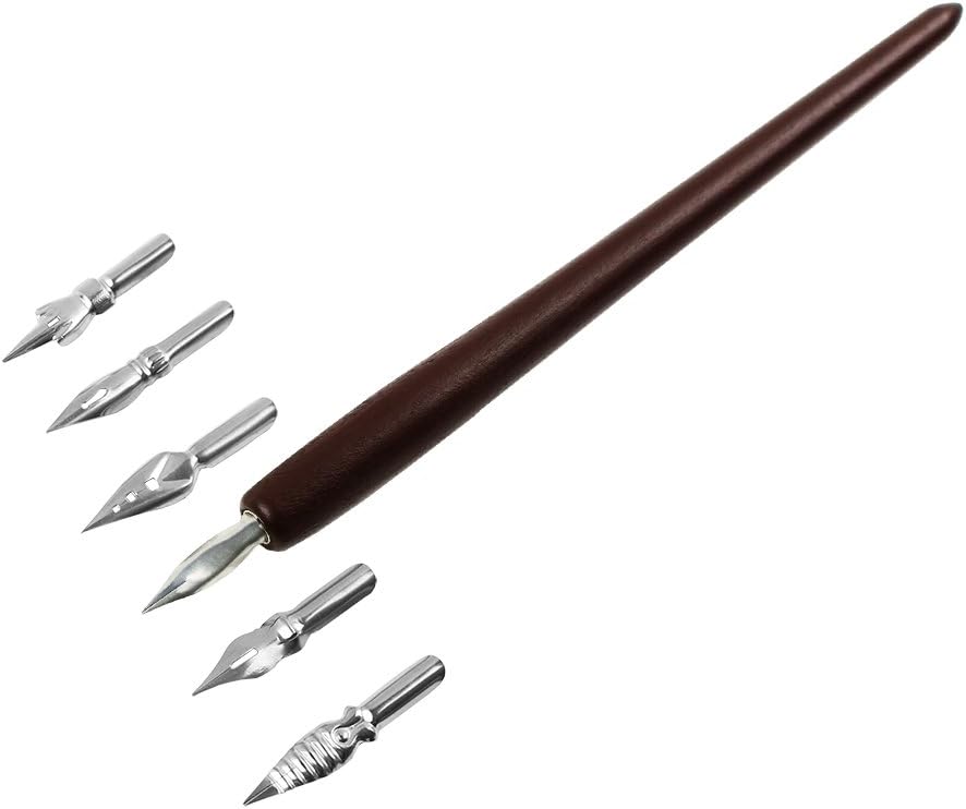 FEATTY Dip Pen for Drawing with ink - Antique Wooden Calligraphy Kits for beginners with 6 Replaceable Nibs