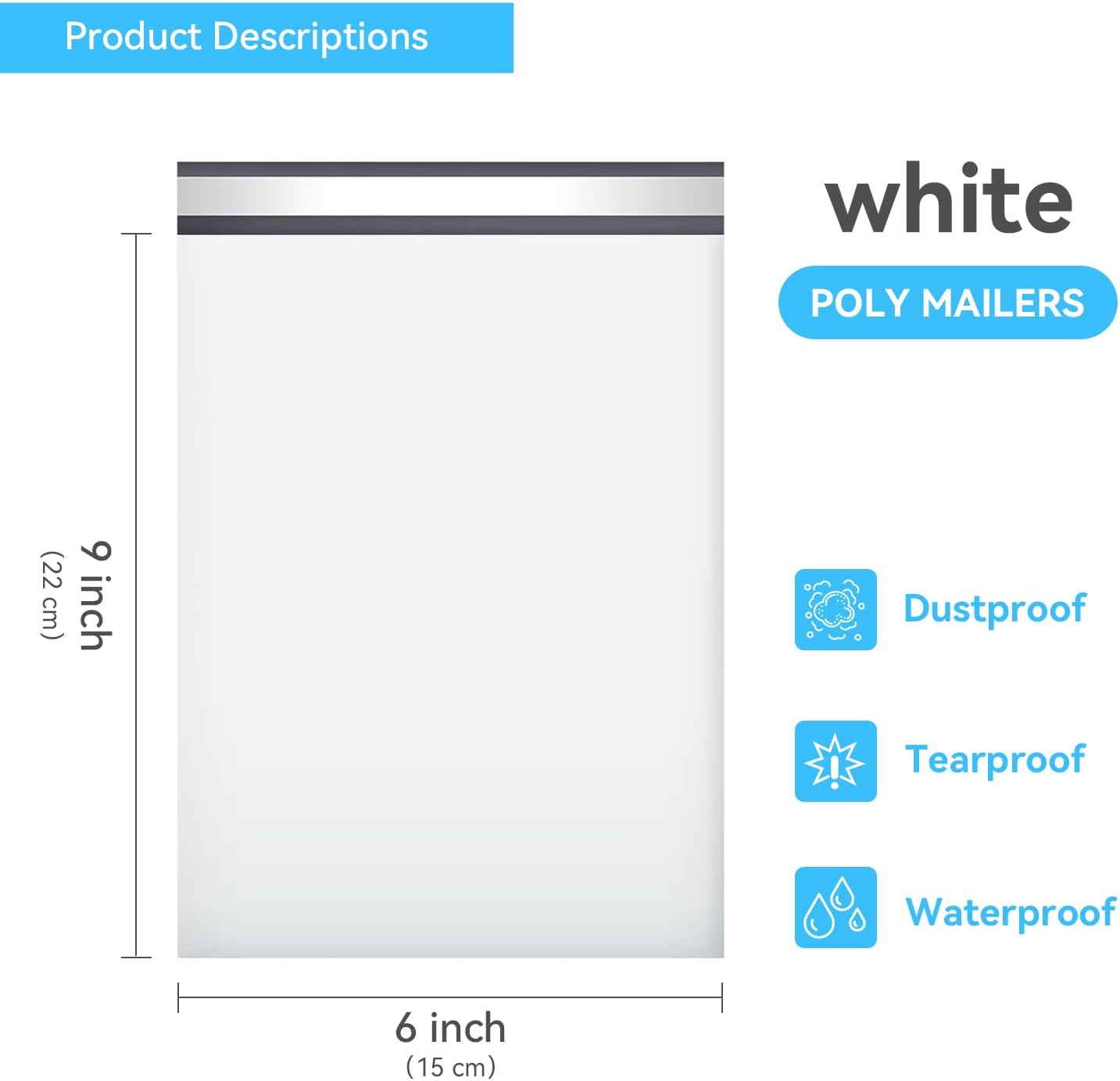 200PCS Poly Mailers 6 x 9 Inch, 1.77 Mil 5 Layer Waterproof Shipping Bags for Mailing, Clothing, Books and Package, Strong Adhesive Self Sealing Postal Envelopes for Small Business, White