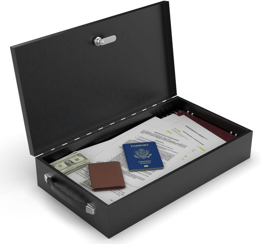 Fire Retardant Large Strong Box, Fits Legal Documents & More Flat, Steel Security Chest Lock Box, Fire Resistant to Safeguard Vitals, 0.43 Cubic Ft, 18" x 10" x 3.5" Interior, Black