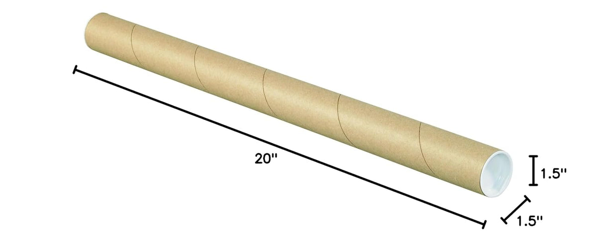BOX USA BP1520K Mailing Tubes with Caps, 1 1/2" x 20", Kraft (Pack of 50)
