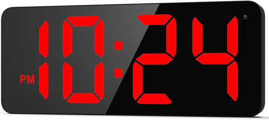 LED Digital Wall Clock with Large Display, Big Digits, Auto-Brightness, 12/24Hr Format, Modern Electric Small Silent Wall Clock for Living Room, Bedroom, Classroom, Farmhouse, Kitchen, Office - Red
