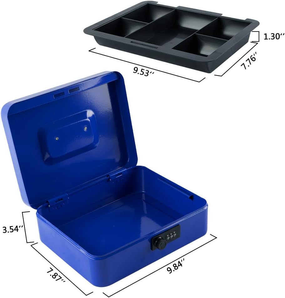 KYODOLED Large Cash Box with Combination Lock,Safe Metal Box for Money, Storage Lock Box with Money Tray,9.84"x 7.87"x 3.54" Blue Large