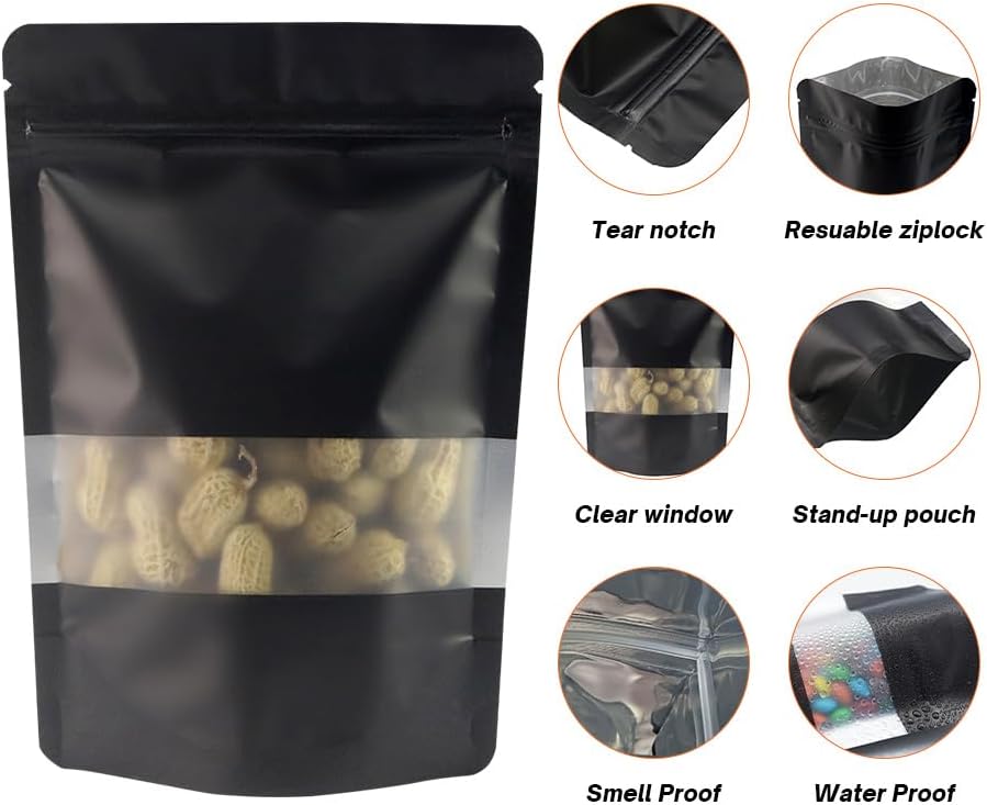 4CP 100 Pcs Black Zipper Smell Proof Bags with Window, 7.0x10.5 Inch Stand Up Foil Pouches for Food Selfsealing Storage, Reusable Bag for Packaging Small Business, Cookies, Nunt, Candy