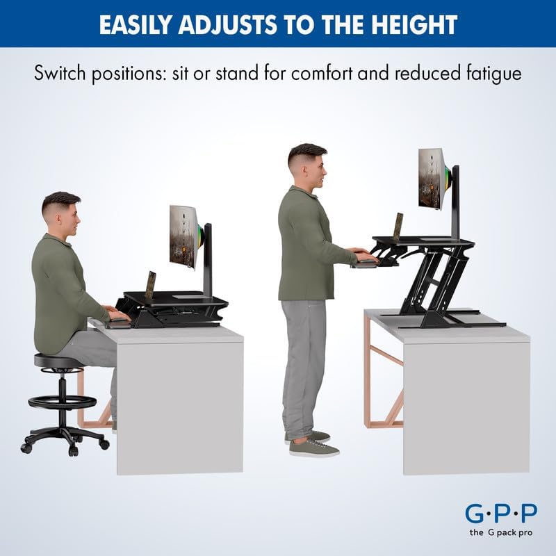 Standing Desk Converter – 38" Wide Stand Up Desk Riser – Quick Sit to Stand Tabletop Dual Monitor Workstation – Height Adjustable Up to 17.3" – Black
