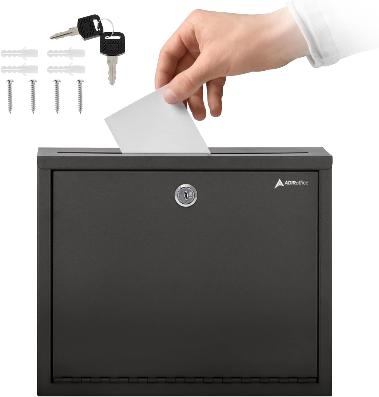 Adir Metal Suggestion Box with Lock and Slot, Wall Mount Deposit Box for Payments and Checks, Office Mail Box for Employees, Mailbox for House, Safe Drop Box with Keys - 3x10x12 Inch Black