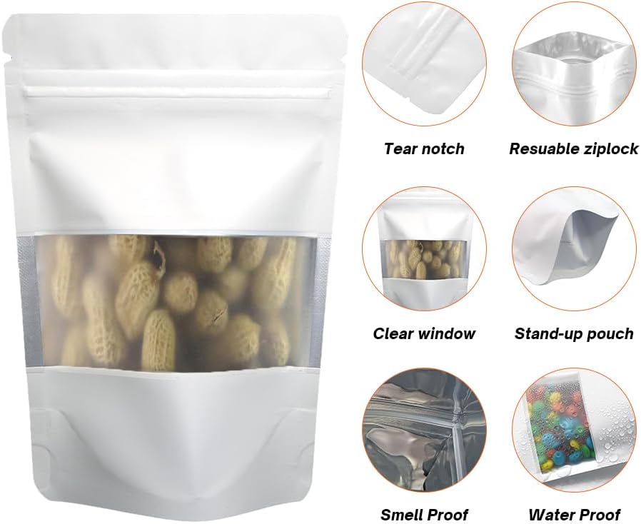 Black Smell Proof Packaging Bags,Mylar Clear Bags for Food Storage,Sealable Bag for Packaging,Stand Up Pouches with Window,ReSealable Bag for Small Business,Cookies,Candy