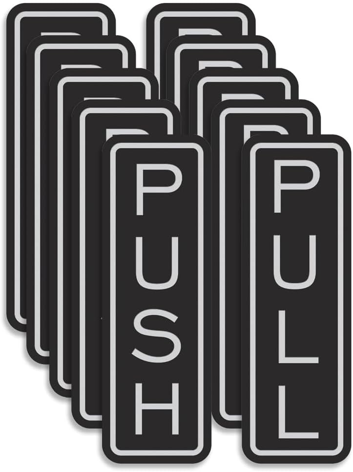 All Quality Classic Vertical Push Pull Door Signs - Great for Glass Doors | Professional Looking Signs | Easy Installation Includes Double-Sided Foam Adhesive Tape (Black/Silver) - Small (5 Pack)