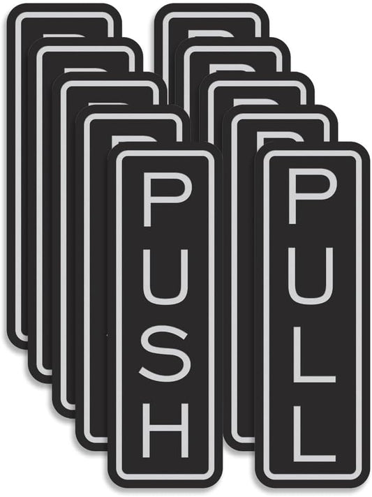 All Quality Classic Vertical Push Pull Door Signs - Great for Glass Doors | Professional Looking Signs | Easy Installation Includes Double-Sided Foam Adhesive Tape (Black/Silver) - Medium (5 Pack)