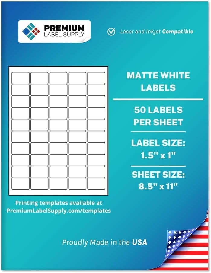 Premium Label Supply White Sticker Barcode Labels – 1.5" x 1" – Laser/Inkjet Compatible – (50 per Sheet), 25 Sheets – 1250 Total Adhesive Labels