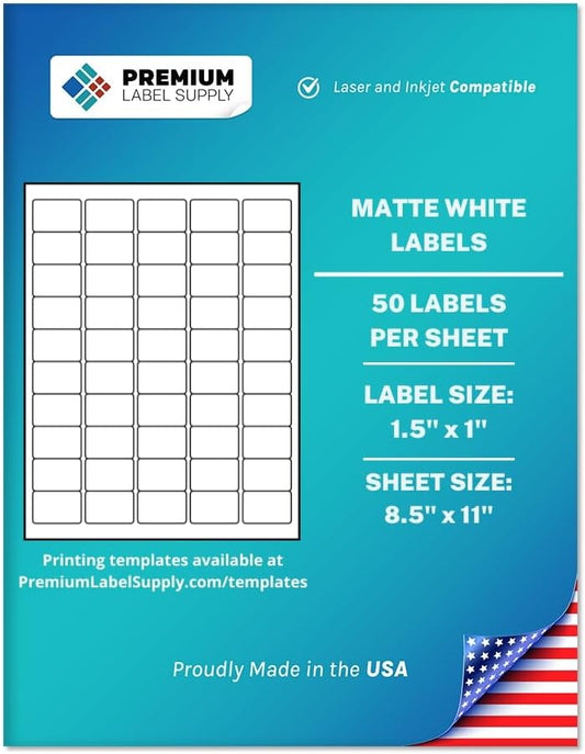 Premium Label Supply White Sticker Barcode Labels – 1.5" x 1" – Laser/Inkjet Compatible – (50 per Sheet), 25 Sheets – 1250 Total Adhesive Labels