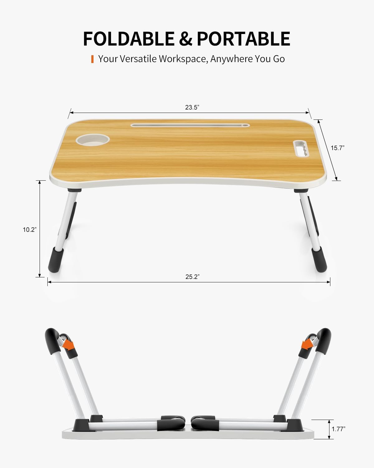 Foldable Laptop Table, Portable Lap Desk Bed Table Tray, Laptop Stand with Cup Holder & Tablet Slot & Lifting Handle for Working Writing Drawing & Eating (Wood)