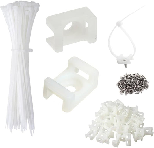 Cable Zip Tie Mounts Kit - 60 Set Wire Cable Clips Organizer Holders with 8" Cable Ties, Saddle Type Mounts Base and Tapping Screw