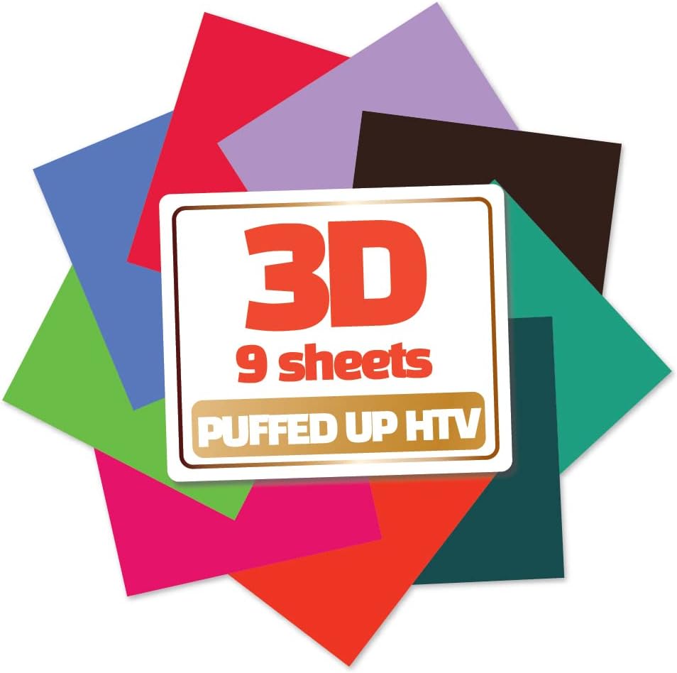 3D Puff Vinyl Heat Transfer 10"x12"-9 Sheets 9 Special Assorted Colors HTV Bundle Iron-On Design for T-Shirt Compatible with Cricut Silhouette Cameo Heat Press Machine Easy to Weed Cut