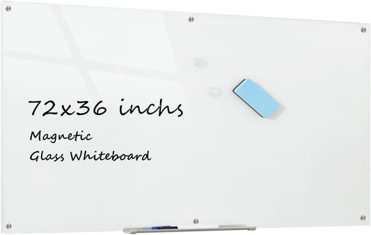 Glass Whiteboard Magnetic Dry Erase Board 6' x 3', Large Frameless Glass White Board for Wall, White Surface.