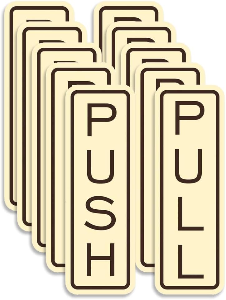 All Quality Classic Vertical Push Pull Door Signs - Great for Glass Doors | Professional Looking Signs | Easy Installation Includes Double-Sided Foam Adhesive Tape (Ivory/Brown) - Small (5 Pack)