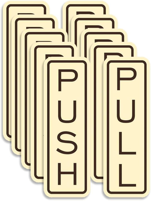 All Quality Classic Vertical Push Pull Door Signs - Great for Glass Doors | Professional Looking Signs | Easy Installation Includes Double-Sided Foam Adhesive Tape (Ivory/Brown) - Small (5 Pack)